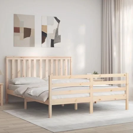 Double bed frame with solid wood headboard by , Beds and slatted bases - Ref: Foro24-3194251, Price: 152,19 €, Discount: %