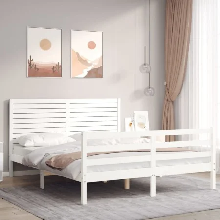 White solid wood bed frame with headboard 160x200 cm by , Beds and slatted bases - Ref: Foro24-3195037, Price: 175,07 €, Disc...