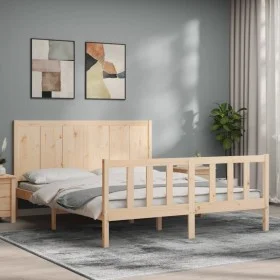 Double bed frame with solid wood headboard by , Beds and slatted bases - Ref: Foro24-3192626, Price: 176,06 €, Discount: %