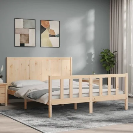 Double bed frame with solid wood headboard by , Beds and slatted bases - Ref: Foro24-3192626, Price: 176,06 €, Discount: %