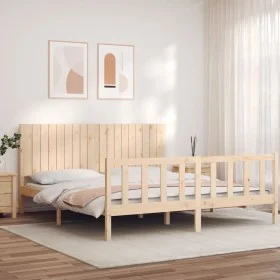 Double bed frame with solid wood headboard by , Beds and slatted bases - Ref: Foro24-3192961, Price: 178,60 €, Discount: %