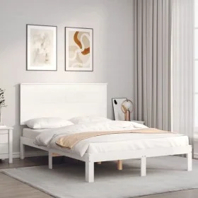 Double bed frame with white solid wood headboard by , Beds and slatted bases - Ref: Foro24-3193637, Price: 153,79 €, Discount: %