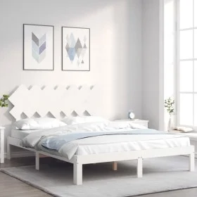 White solid wood bed frame with headboard 140x190 cm by , Beds and slatted bases - Ref: Foro24-3193707, Price: 141,36 €, Disc...
