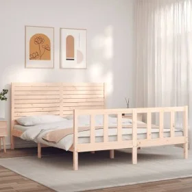 Bed frame with solid wood headboard 160x200 cm by , Beds and slatted bases - Ref: Foro24-3193216, Price: 156,47 €, Discount: %