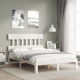 Double bed frame with white solid wood headboard by , Beds and slatted bases - Ref: Foro24-3193567, Price: 131,43 €, Discount: %