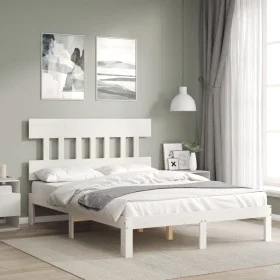 Double bed frame with white solid wood headboard by , Beds and slatted bases - Ref: Foro24-3193567, Price: 129,77 €, Discount: %