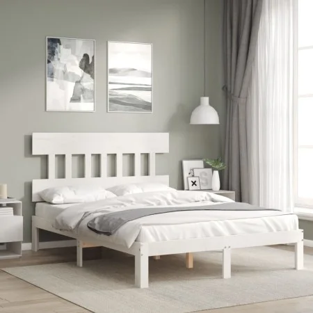 Double bed frame with white solid wood headboard by , Beds and slatted bases - Ref: Foro24-3193567, Price: 129,77 €, Discount: %