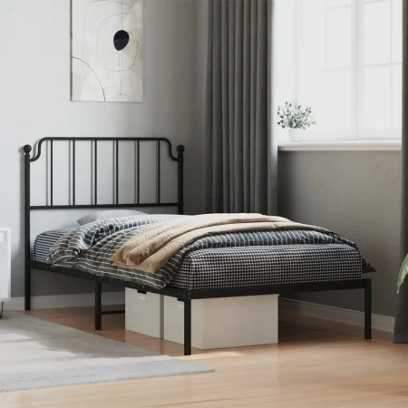 Bed frame with black metal headboard 100x190 cm by , Beds and slatted bases - Ref: Foro24-373881, Price: 66,34 €, Discount: %