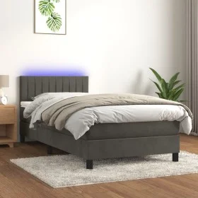 Box spring bed with mattress and LED dark gray velvet 90x200 cm by , Beds and slatted bases - Ref: Foro24-3134502, Price: 287...