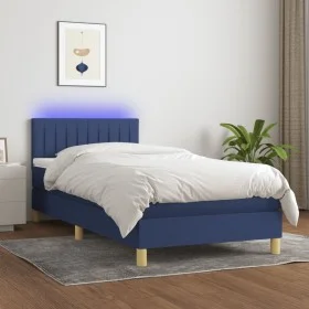 Box spring bed with mattress and LED blue fabric 90x200 cm by , Beds and slatted bases - Ref: Foro24-3133851, Price: 292,77 €...