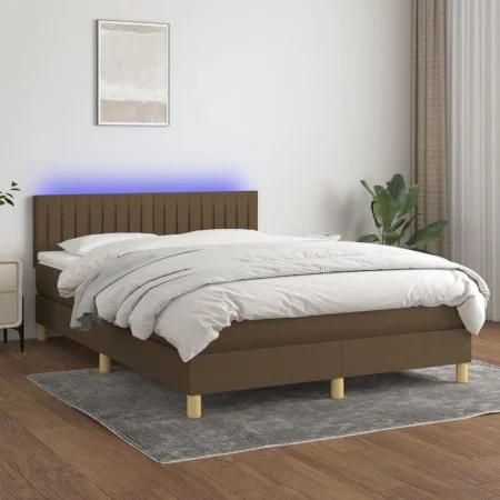 Box spring bed mattress LED lights dark brown fabric 140x190 cm by , Beds and slatted bases - Ref: Foro24-3133872, Price: 431...