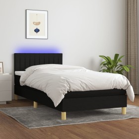 Cama box spring con colchón y LED tela negro 90x190 cm