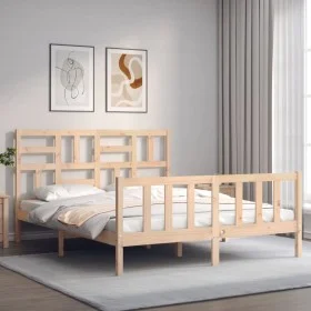 Double bed frame with solid wood headboard by , Beds and slatted bases - Ref: Foro24-3193081, Price: 152,27 €, Discount: %