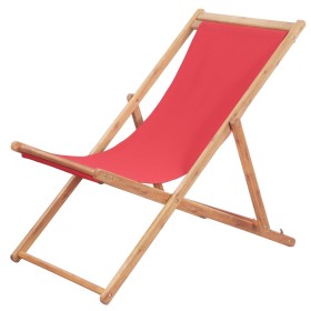 Silla de playa plegable de tela y estructura de madera roja