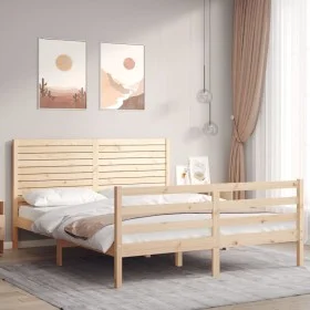 Double bed frame with solid wood headboard by , Beds and slatted bases - Ref: Foro24-3195031, Price: 177,23 €, Discount: %