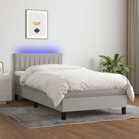 Cama box spring colchón y luces LED tela gris claro 80x200 cm