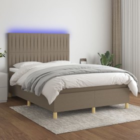 Cama box spring colchón y luces LED tela gris taupe 140x200 cm