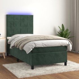 Cama box spring colchón y LED terciopelo verde oscuro 100x200cm