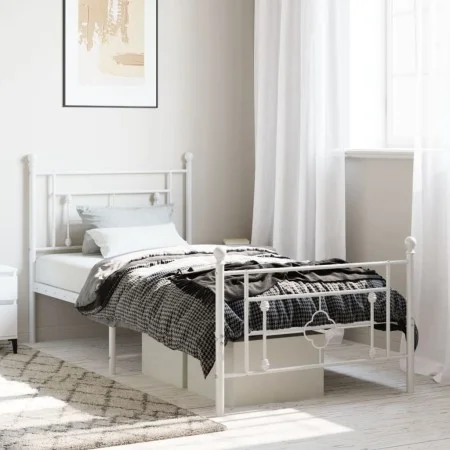 Metal bed frame with headboard and footboard white 90x200 cm by , Beds and slatted bases - Ref: Foro24-374399, Price: 72,49 €...