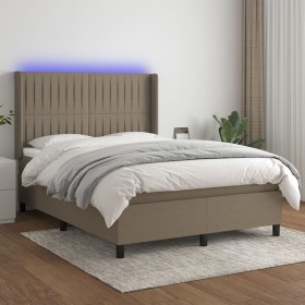 Cama box spring colchón y luces LED tela gris taupe 140x200 cm