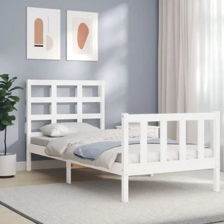 Single bed frame with white solid wood headboard by , Beds and slatted bases - Ref: Foro24-3192062, Price: 107,16 €, Discount: %