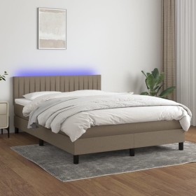 Cama box spring colchón y luces LED tela gris taupe 140x190 cm