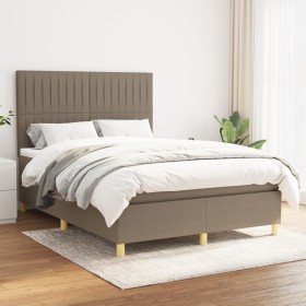 Cama box spring con colchón tela gris taupe 140x190 cm