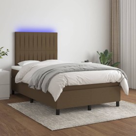 Cama box spring con colchón y LED tela marrón oscuro 120x200 cm