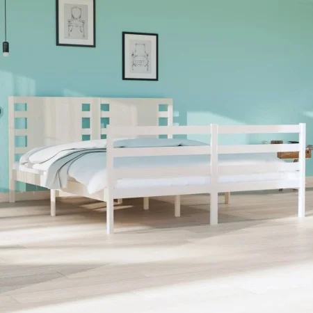 Massives Bettgestell aus weißem Kiefernholz, 135 x 190 cm von , Betten und Lattenroste - Ref: Foro24-3104259, Preis: 155,11 €...