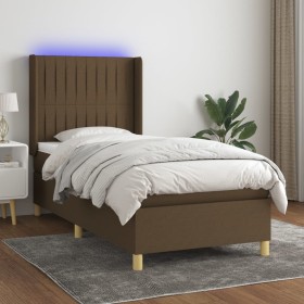 Cama box spring colchón y luces LED tela marrón oscuro 90x200cm