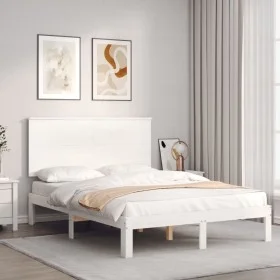 White solid wood bed frame with headboard 140x200 cm by , Beds and slatted bases - Ref: Foro24-3193662, Price: 159,54 €, Disc...