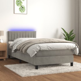 Cama box spring colchón y LED terciopelo gris claro 80x200 cm