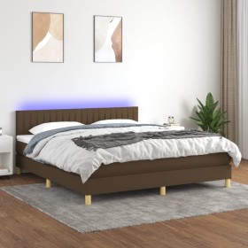 Cama box spring con colchón LED tela marrón oscuro 180x200 cm