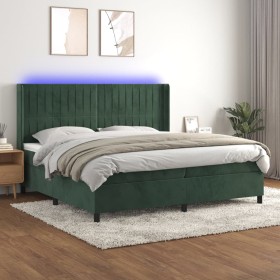 Cama box spring colchón y LED terciopelo verde oscuro 200x200cm