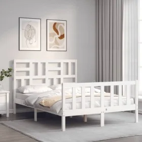 Double bed frame with white solid wood headboard by , Beds and slatted bases - Ref: Foro24-3193052, Price: 160,18 €, Discount: %