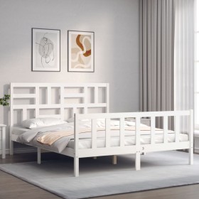 Double bed frame with white solid wood headboard by , Beds and slatted bases - Ref: Foro24-3193082, Price: 150,00 €, Discount: %