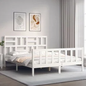 Double bed frame with white solid wood headboard by , Beds and slatted bases - Ref: Foro24-3193082, Price: 148,08 €, Discount: %