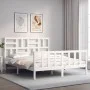 Double bed frame with white solid wood headboard by , Beds and slatted bases - Ref: Foro24-3193082, Price: 148,08 €, Discount: %