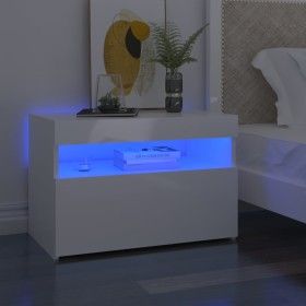 Mesita de noche con LED contrachapada blanco brillo 60x35x40 cm