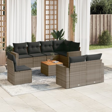 Set de muebles de jardín 9 pzas y cojines ratán sintético gris en Conjuntos de jardín | Comprar online en Foro24