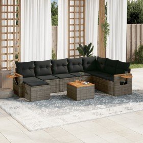 Set de muebles de jardín 9 pzas y cojines ratán sintético gris en Conjuntos de jardín | Comprar online en Foro24