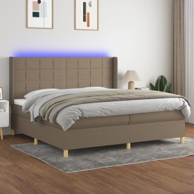 Cama box spring colchón y luces LED tela gris taupe 200x200 cm