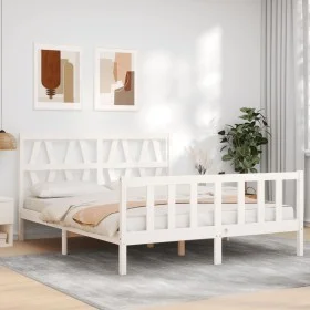 Double bed frame with white solid wood headboard by , Beds and slatted bases - Ref: Foro24-3192497, Price: 158,58 €, Discount: %
