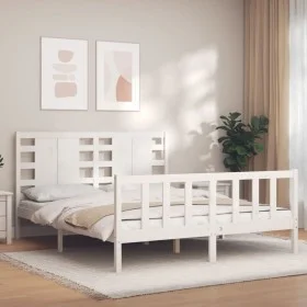 Double bed frame with white solid wood headboard by , Beds and slatted bases - Ref: Foro24-3192822, Price: 156,74 €, Discount: %