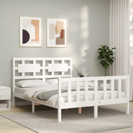 Double bed frame with white solid wood headboard by , Beds and slatted bases - Ref: Foro24-3192532, Price: 168,70 €, Discount: %