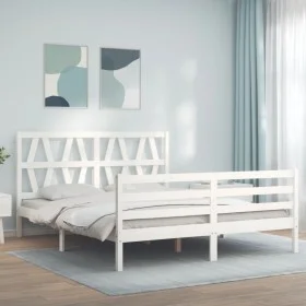 Double bed frame with white solid wood headboard by , Beds and slatted bases - Ref: Foro24-3194382, Price: 159,09 €, Discount: %