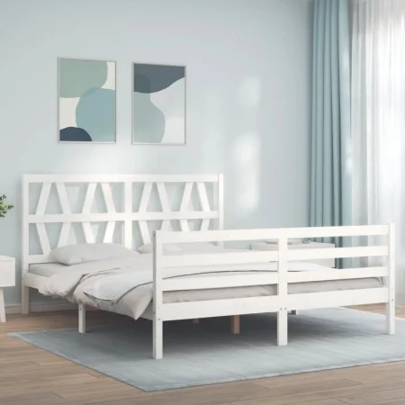 Doppelbettgestell mit weißem Kopfteil aus Massivholz von , Betten und Lattenroste - Ref: Foro24-3194382, Preis: 161,24 €, Rab...