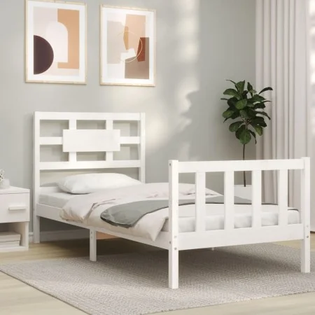 Weißer Massivholzbettrahmen mit Kopfteil 100x200 cm von , Betten und Lattenroste - Ref: Foro24-3192547, Preis: 133,75 €, Raba...