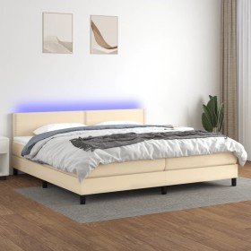 Cama box spring colchón y luces LED tela crema 200x200 cm