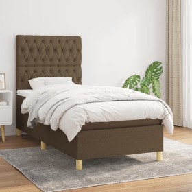Cama box spring con colchón tela marrón oscuro 90x190 cm